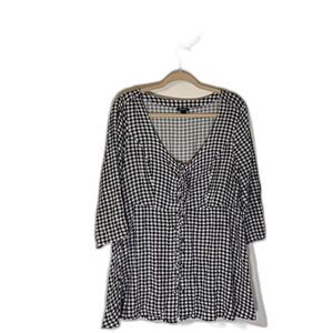Torrid Blouse 1X Blue White Gingham Check V-Neck 3/4 Sleeve Cottagecore Bohochic